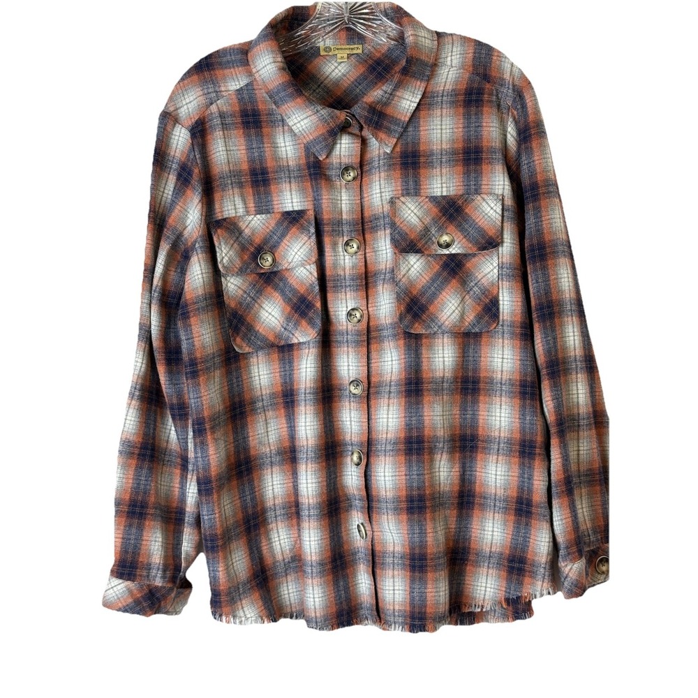 Democracy Women's Plaid Button Up Flannel Top Shacket Sz M Pockets Navy/Coral
